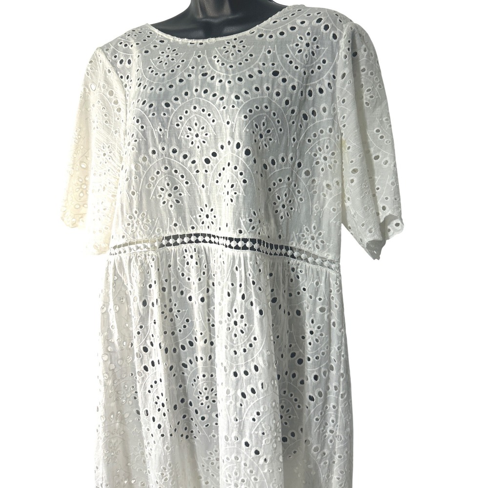Few Moda White Eyelet Tiered Midi Dress XL Short Sleeve Floral Scalloped Trim